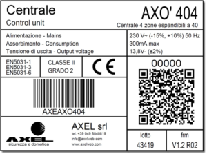 Fac simile etichetta presente nelle centrali AXEL